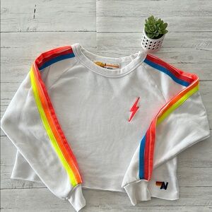 Aviator Nation White and Yellow Sweatshirt with Colorful Stripes